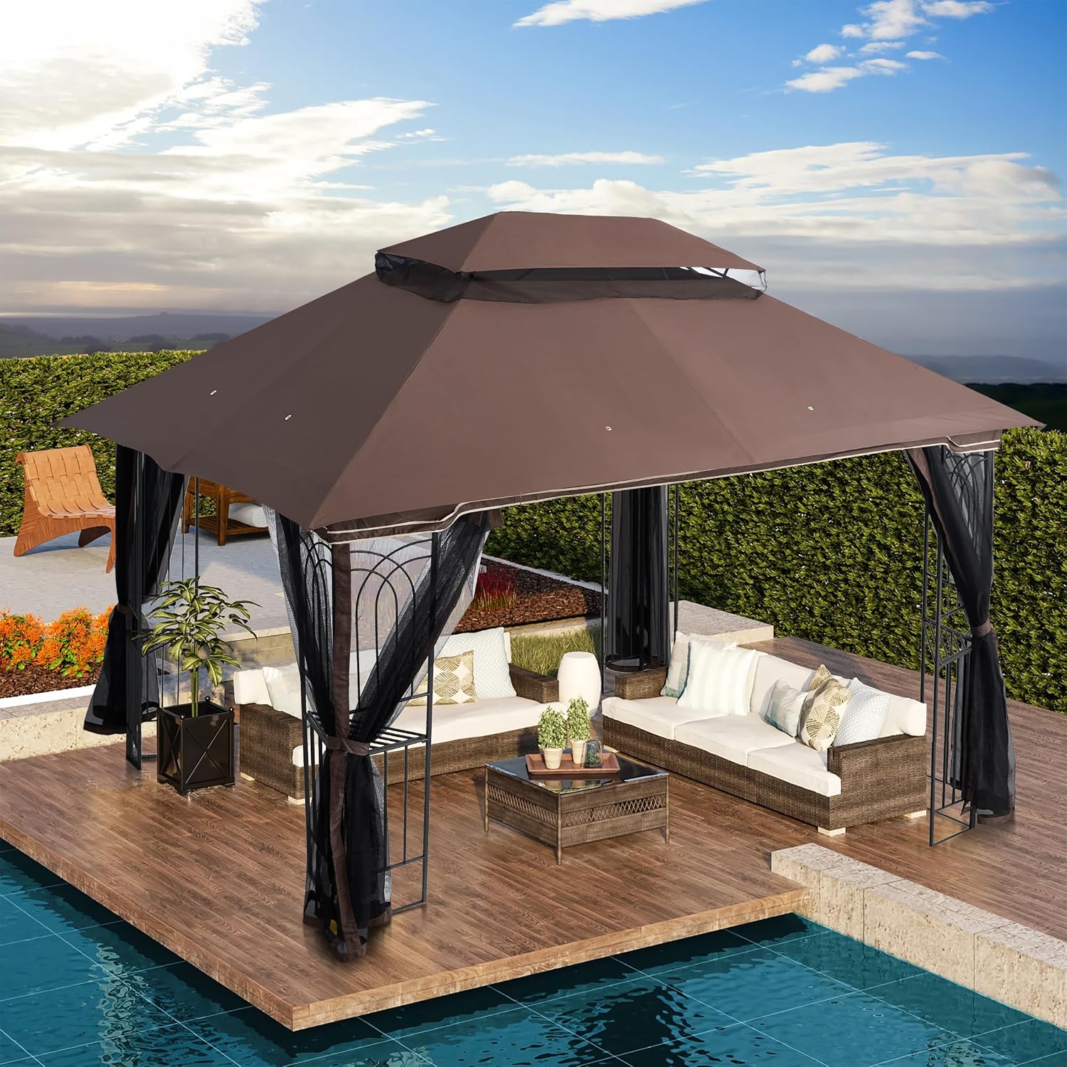 10x13 Ft Outdoor Patio Gazebo Replacement Canopy, Double Tiered Roof Top Cover, UV Protection & Waterproof Fabric, Fits 10x13 Gazebo Frame, Brown(Frame Not Included)
