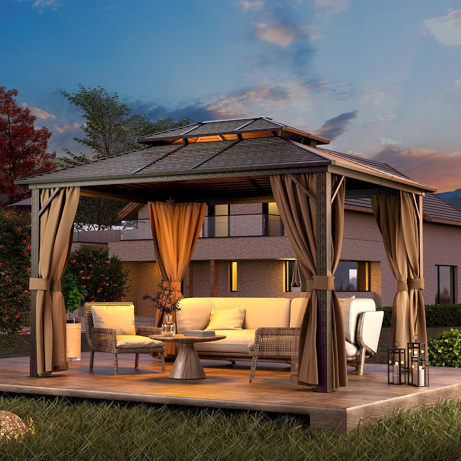 HAPPATIO 10' x 12' Hardtop Gazebo with Aluminum Frame, Outdoor Gazebo Hardtop with Galvanized Steel Double Roof for Deck, Backyard, Patio, Lawns (Brown)