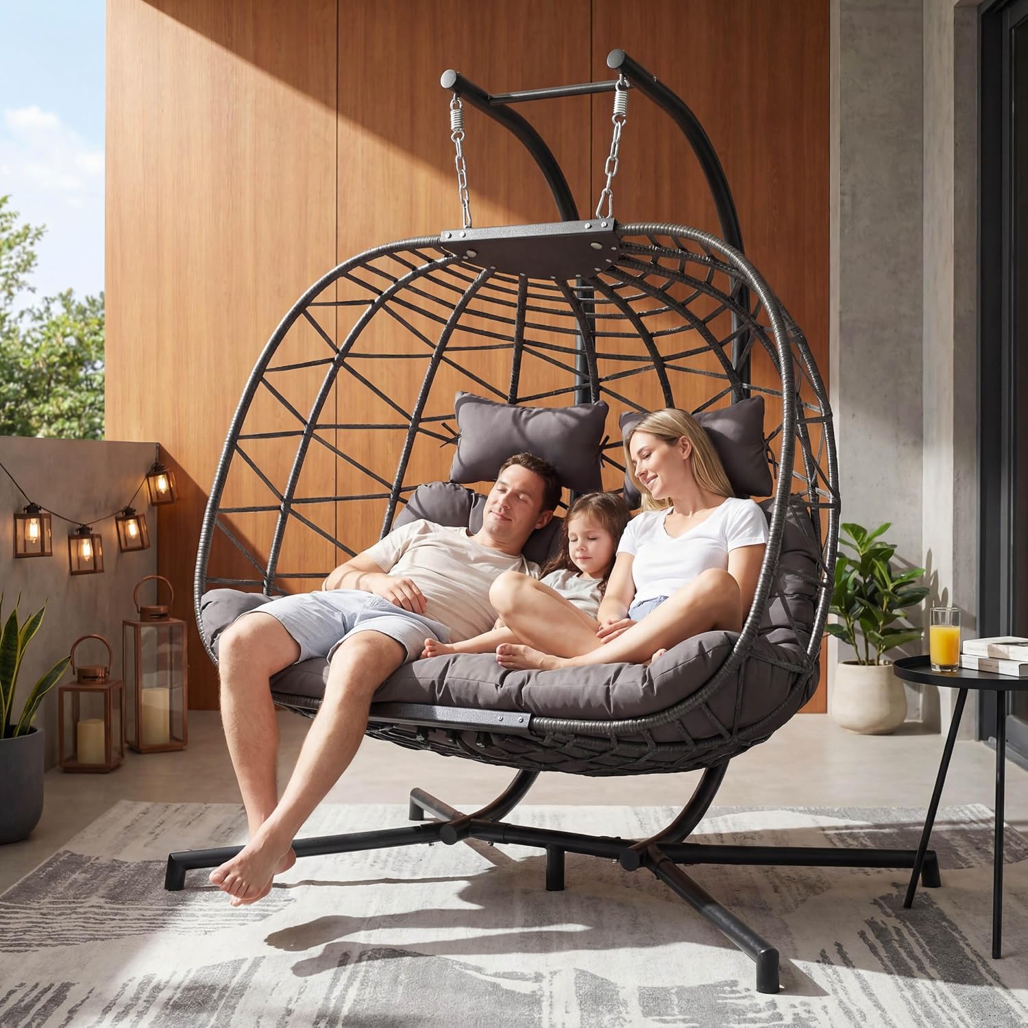 NICESOUL Double Egg Chair Outdoor Indoor, Oversized 2 Person Swing with Stand, All-Weather Wicker Large Hanging Loveseat, Heavy Duty Patio Swinging Seat with Cushion for Balcony, Dark Grey