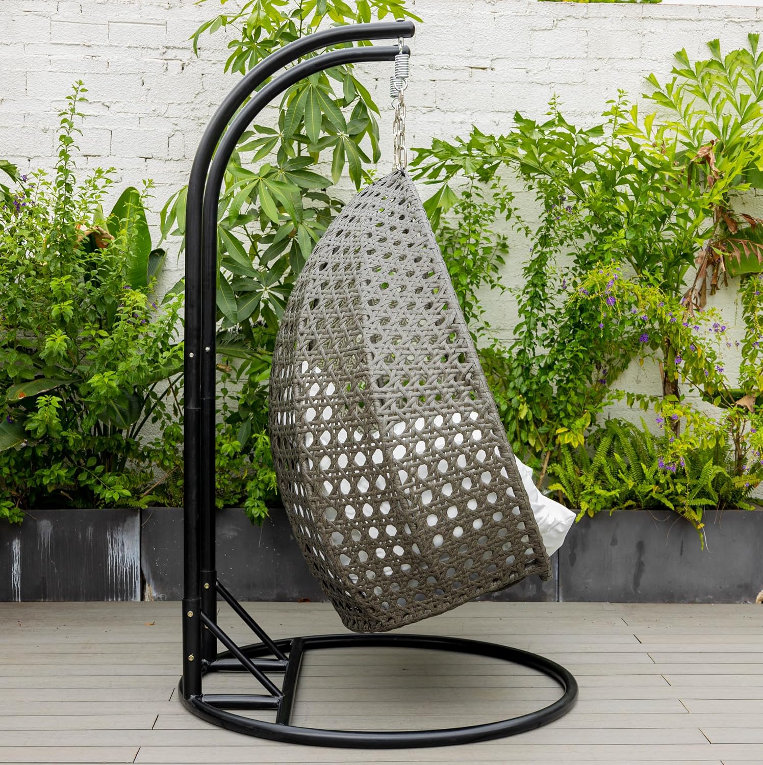 LeisureMod 2 Person Wicker Hanging Egg Chair, Indoor Outdoor Patio Swing with Black Stand & UV-Resistant Cushions, Lounge Chair for Bedroom & Garden, White