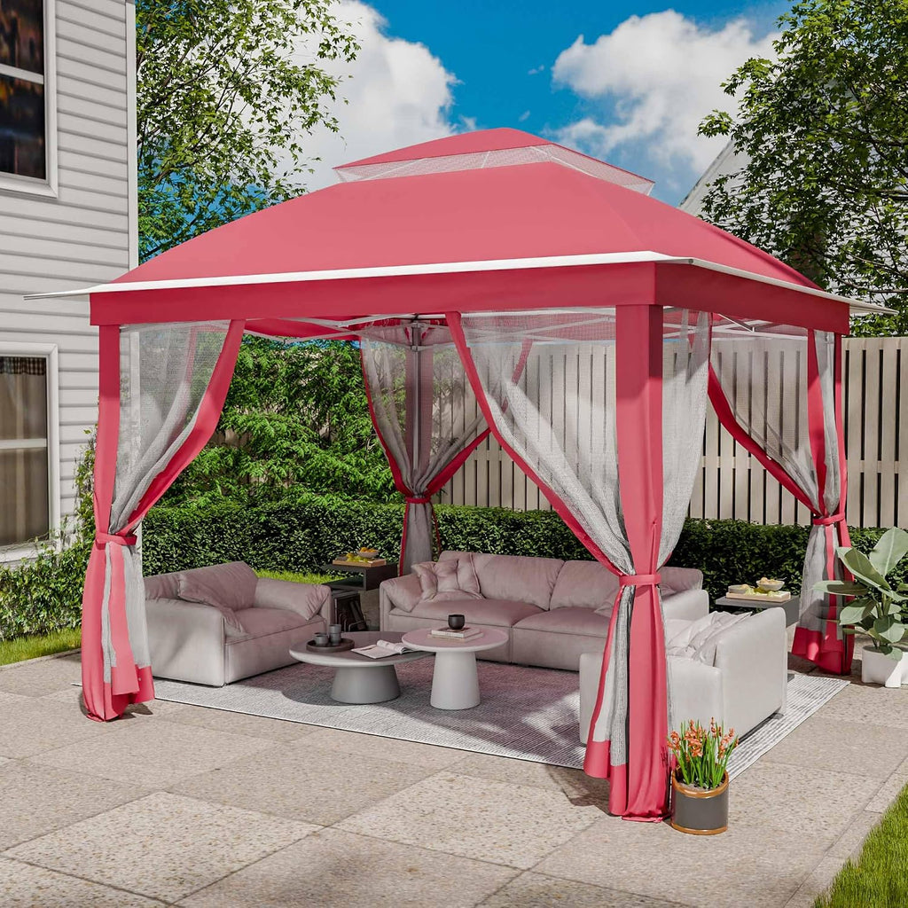 11 x 11 Pop Up Gazebo, Patio Gazebo with Double Roofs, Outdoor Canopy with Mosquito Nettings and Privacy Screens for Lawn, Backyard, Deck, Garden. Pink
