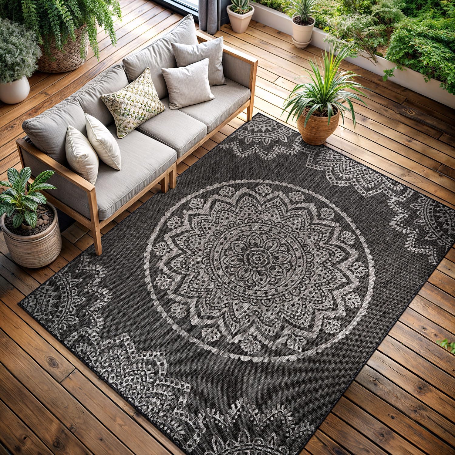 CAMILSON Outdoor Rug 9x12 Modern Area Rugs for Large Indoor and Outdoor Patios and Porches - Washable, Non-Shedding, Easy-to-Clean Outside Carpet (9 x 12, Medallion - Dark Grey/Light Grey)