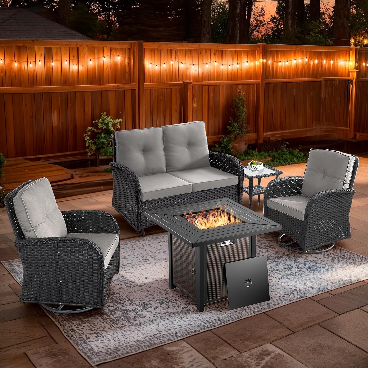 5 Piece Patio Furniture Set with Fire Pit Table - Wicker Patio Conversation Set with Swivel Glider, Glider Loveseat, Tempered Glass Side Table for Deck Backyard - Black Wicker Beige Cushion