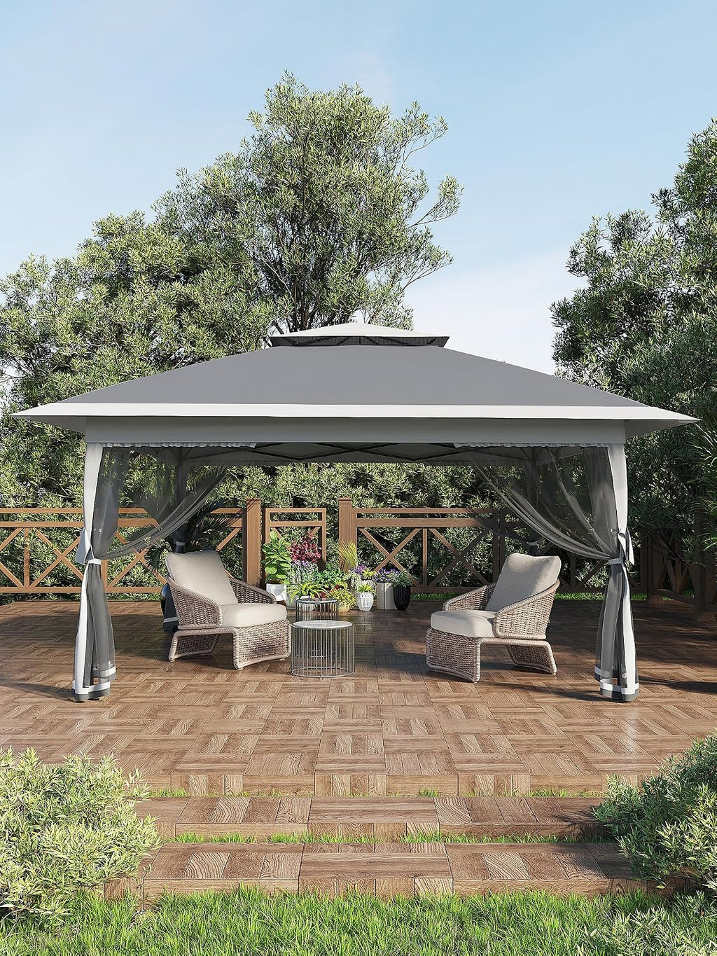 Garvee 13x13 ft Pop Up Gazebo, Canopy Tent with Mosquito Netting, Outdoor Gazebos for Backyard & Patio Furniture - Pop Up Canpy with Wheeled STO-N-Go Cover Bag (Dark Grgy+Light Grey)