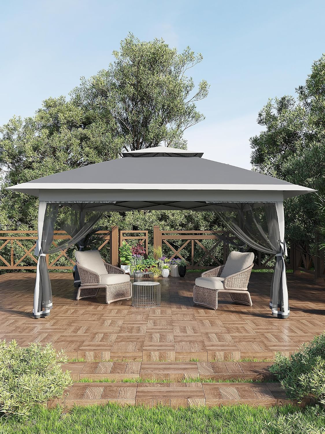 Garvee 13x13 ft Pop Up Gazebo, Canopy Tent with Mosquito Netting, Outdoor Gazebos for Backyard & Patio Furniture - Pop Up Canpy with Wheeled STO-N-Go Cover Bag (Dark Grgy+Light Grey)