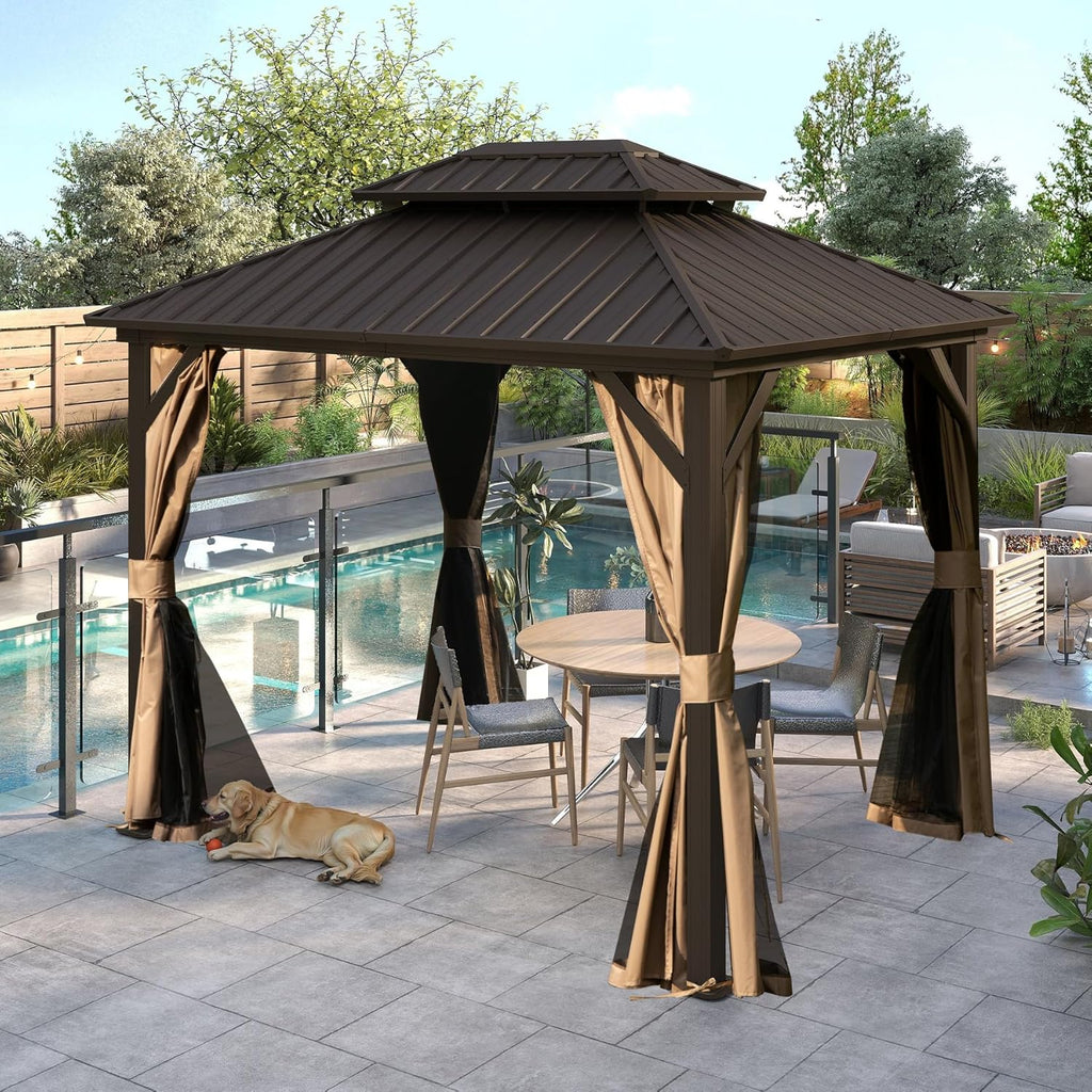 Hardtop Gazebo 8x10 FT, Metal Outdoor Gazebos with Galvanized Steel Double Roof, Curtains and Nettings, Permanent Gazebo Pavilion for Patio Wedding, Party, Outdoor Dining -Brown