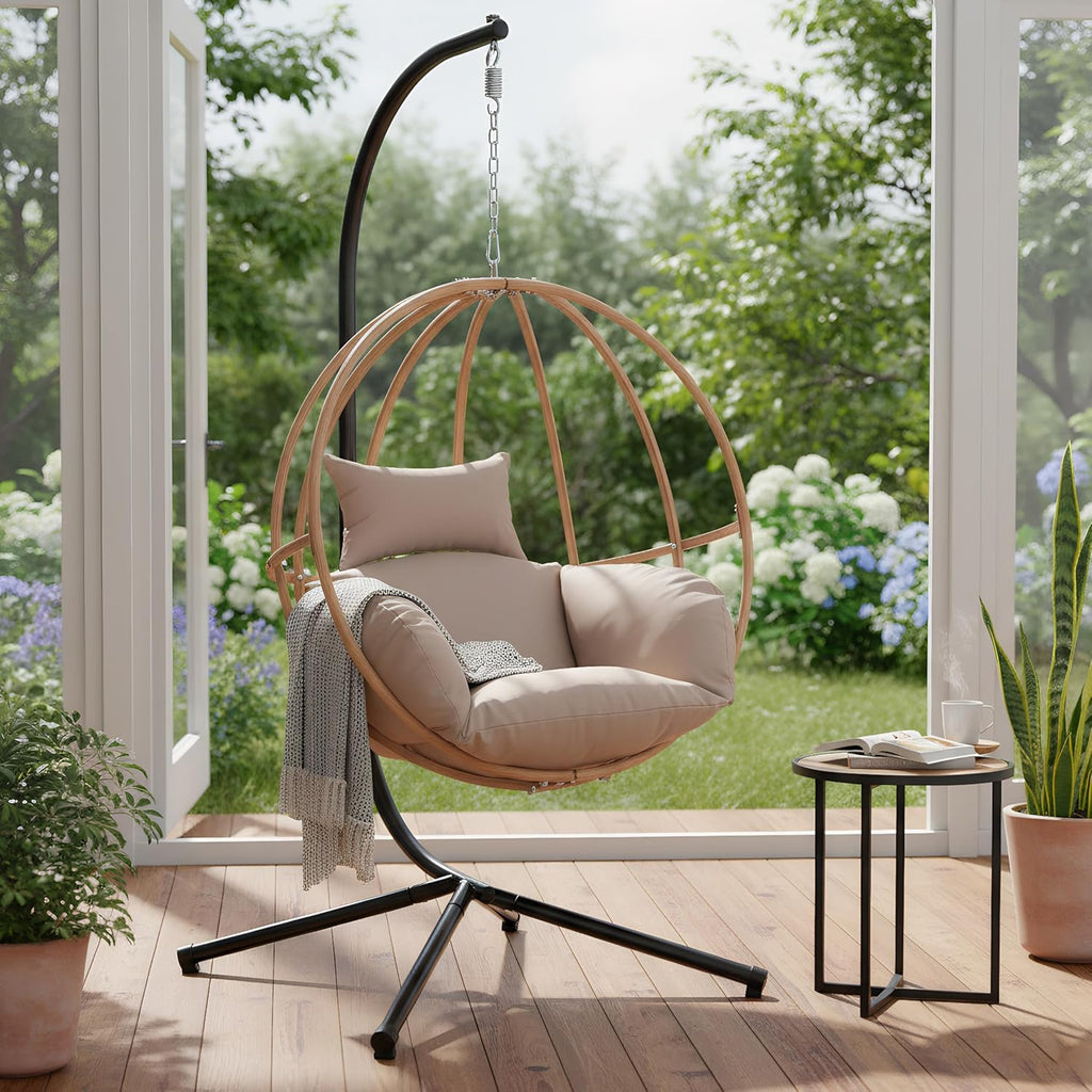 Egg Chairs with Stand, Egg Swing Chair Outdoor, Hanging Swinging Chairs with Stand for Balcony, Swing Egg Chair with Cushion 400LBS Capacity, Brown