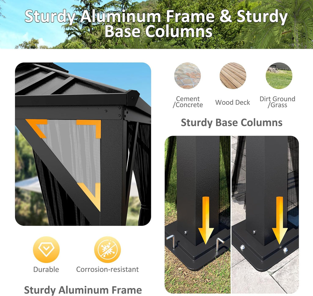 MUPATER Gazebo, 10'x12' Outdoor Gazebo, Patio Structure Shelter with Mosquito Netting, Aluminum Hardtop Pergola for Backyard, Garden, Lawn and Patio, Black