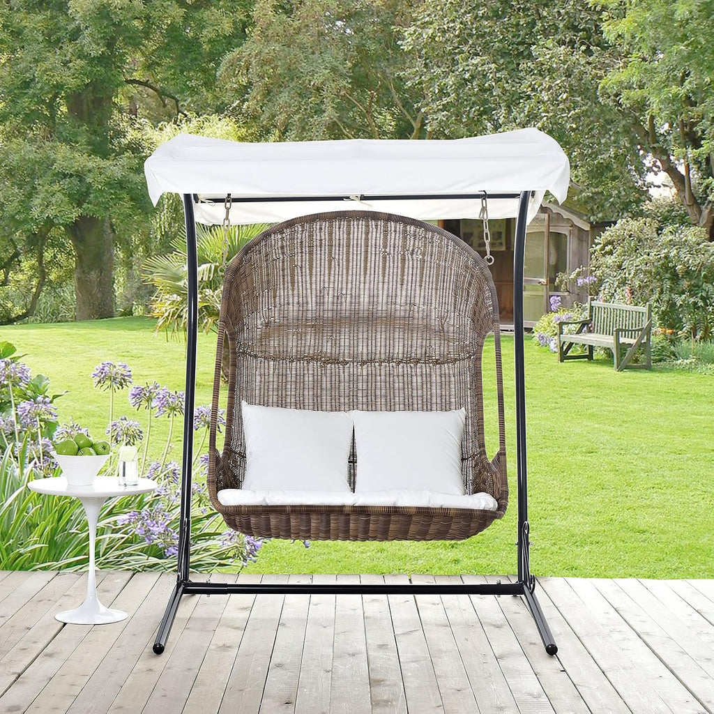 Modway Vantage Wicker Rattan Outdoor Patio Swing Chair with Canopy in Brown White