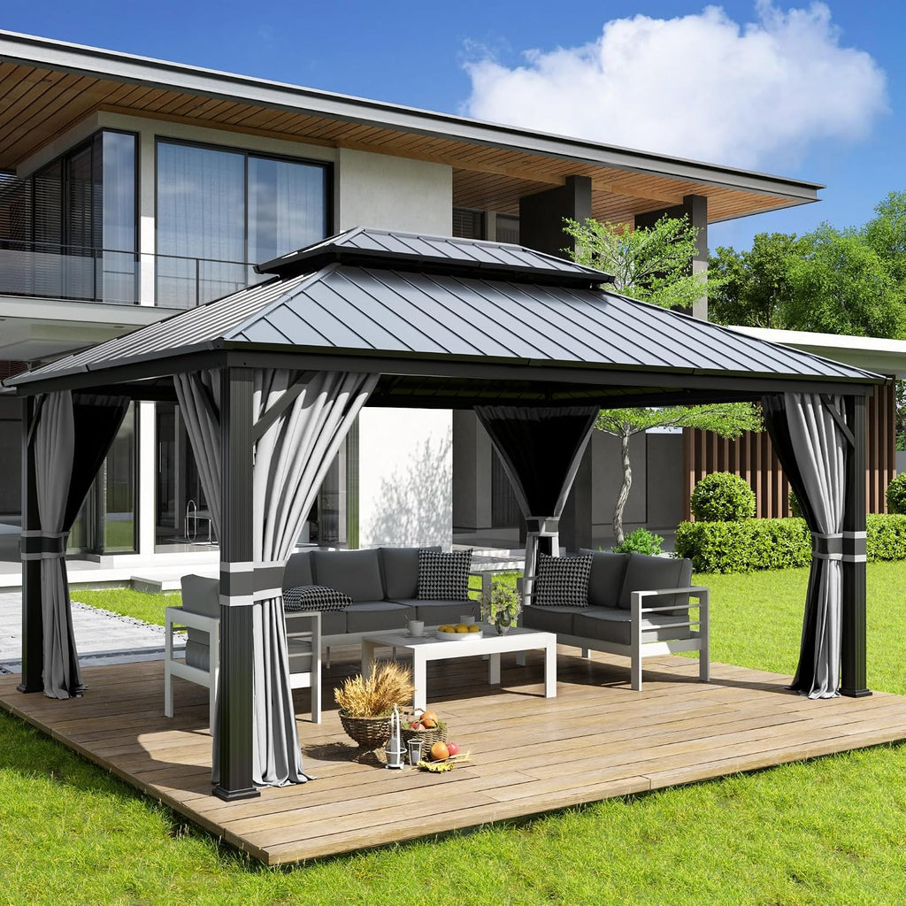 Amopatio 12' X 16' Permanent Hardtop Gazebo Aluminum Gazebo with Double Galvanized Steel Roof, Curtains and Netting Included,Outdoor Metal Pergola for Patios, Garden, Parties, Lawns