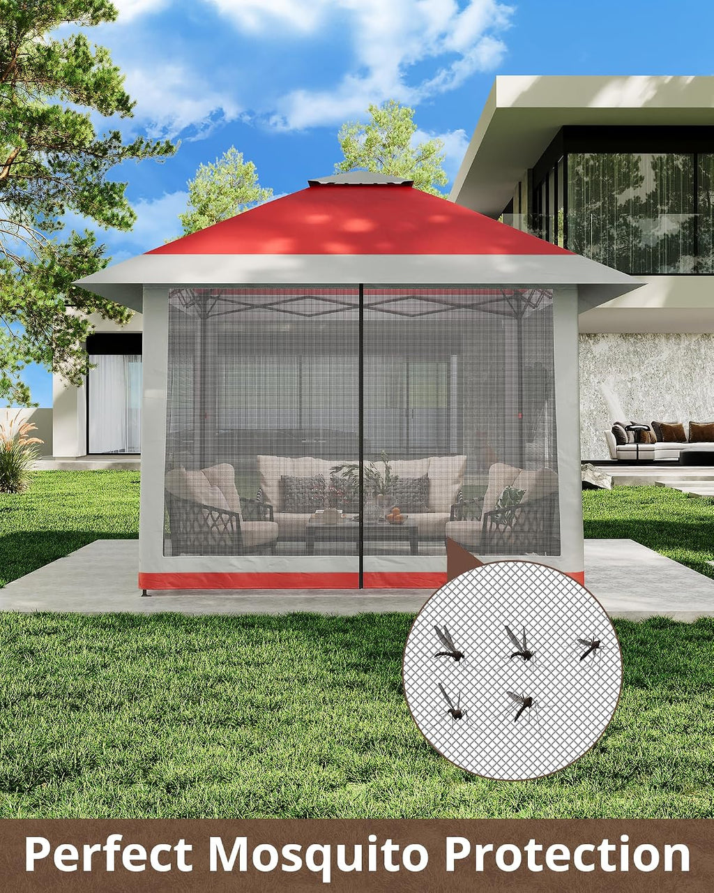 13'x13' Pop Up Gazebo, Outdoor Canopy Tent with Mosquito Netting, Pop Up Canopy with Double Roof Design & Adjustable Height, UV-Resistant Patio Gazebo Sunshade for Graden/Backyard/Lawn/Beach (Red)