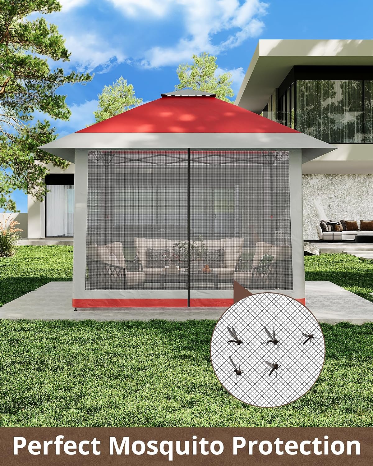 13'x13' Pop Up Gazebo, Outdoor Canopy Tent with Mosquito Netting, Pop Up Canopy with Double Roof Design & Adjustable Height, UV-Resistant Patio Gazebo Sunshade for Graden/Backyard/Lawn/Beach (Red)