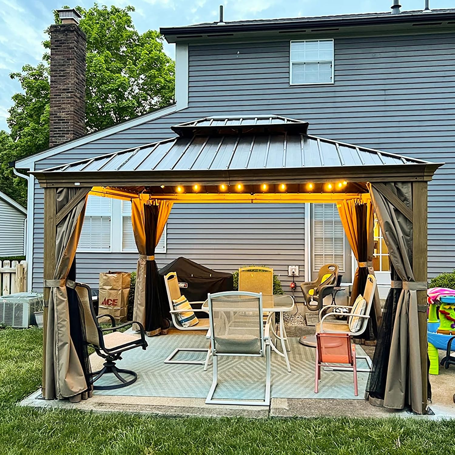 Domi Hardtop Gazebo 10x12FT, Outdoor Gazebo with Galvanized Steel Double Roof, Aluminum Frame, Built-in Gutter System, Curtain and Netting, Metal Gazebo Pavilion for Patio Deck Garden, Wood-Looking