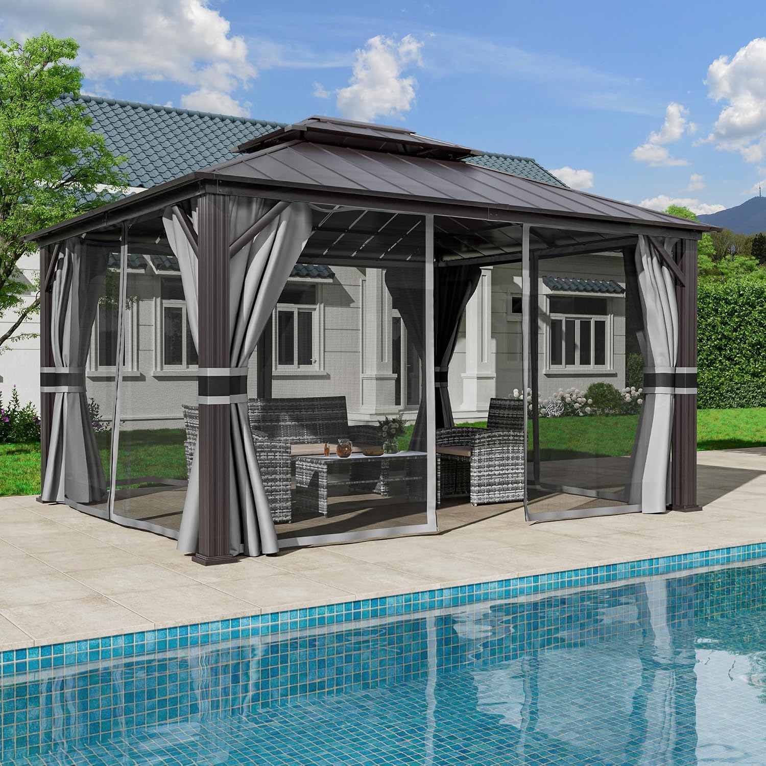 Amopatio 12' X 16' Permanent Hardtop Gazebo Aluminum Gazebo with Double Galvanized Steel Roof, Curtains and Netting Included,Outdoor Metal Pergola for Patios, Garden, Parties, Lawns