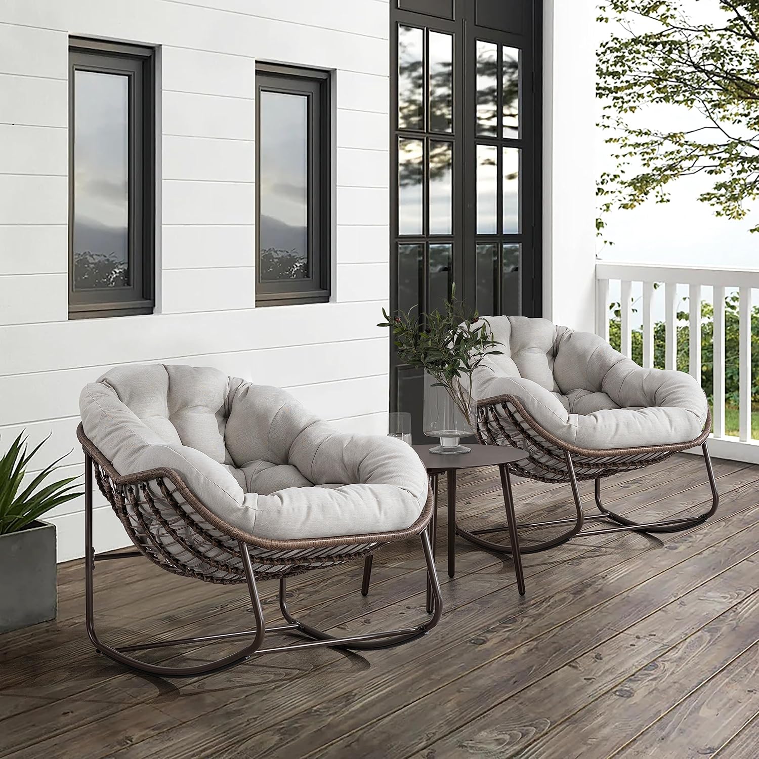 Large Indoor Outdoor Rocking Chair, Oversized Rocking Papasan Chair with Thick Cushion and Frame Outdoor Rocker, Comfy Wicker Egg Chairs Lounge for Outside Porch Patio Backyard (Beige, Set of 2)