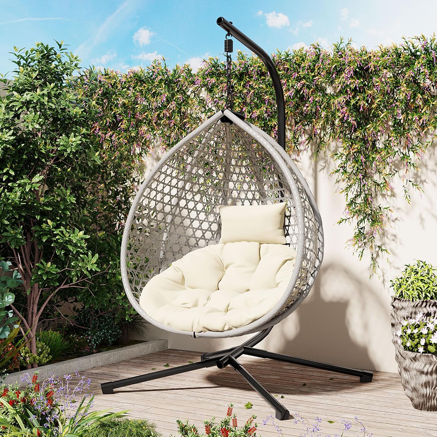 Polibi Hanging Egg Chair with Stand - PE Rattan Indoor Outdoor Swing Chair Heavy Duty 330lbs - Breathable Hollowed Design & Adjustable Headrest - Patio Balcony Garden Lounger,Gray+Beige