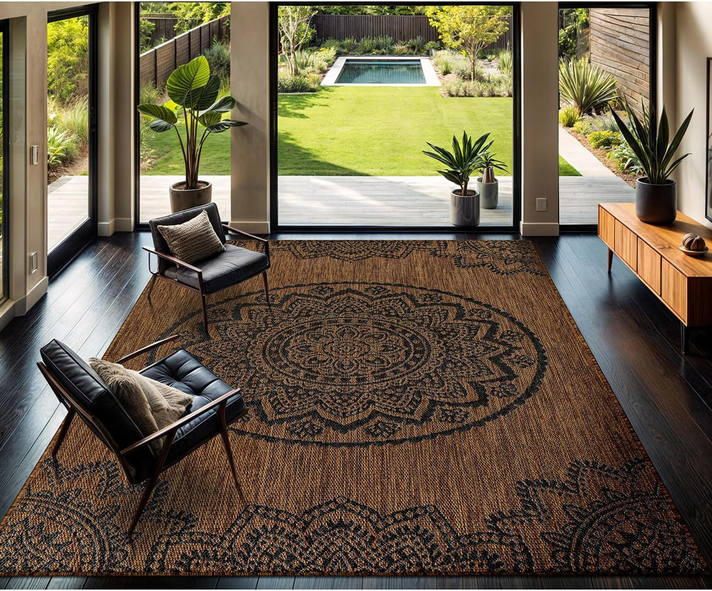 CAMILSON Outdoor Rug 9x12 Modern Large Area Rugs for Indoor and Outdoor Patios and Porches - Waterproof Washable Non-Shedding Easy-to-Clean Outside Carpet (9 x 12 Medallion - Gold/Black)