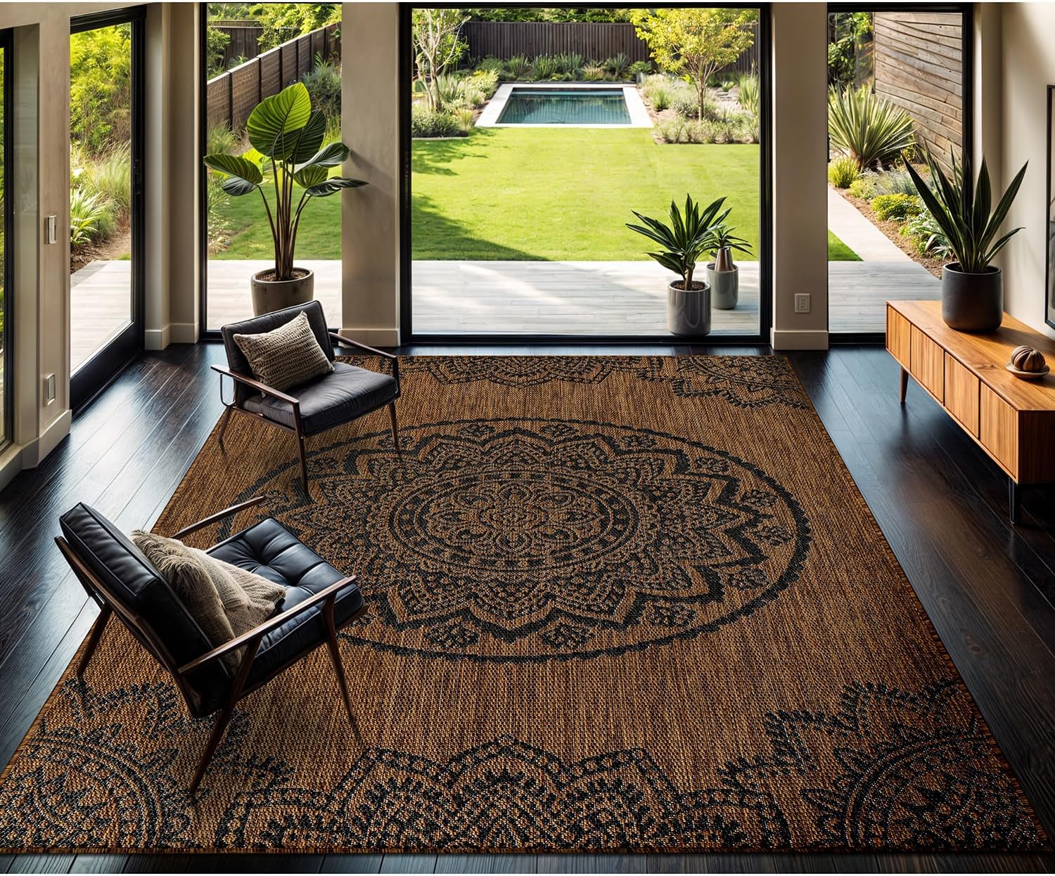 CAMILSON Outdoor Rug 9x12 Modern Large Area Rugs for Indoor and Outdoor Patios and Porches - Waterproof Washable Non-Shedding Easy-to-Clean Outside Carpet (9 x 12 Medallion - Gold/Black)