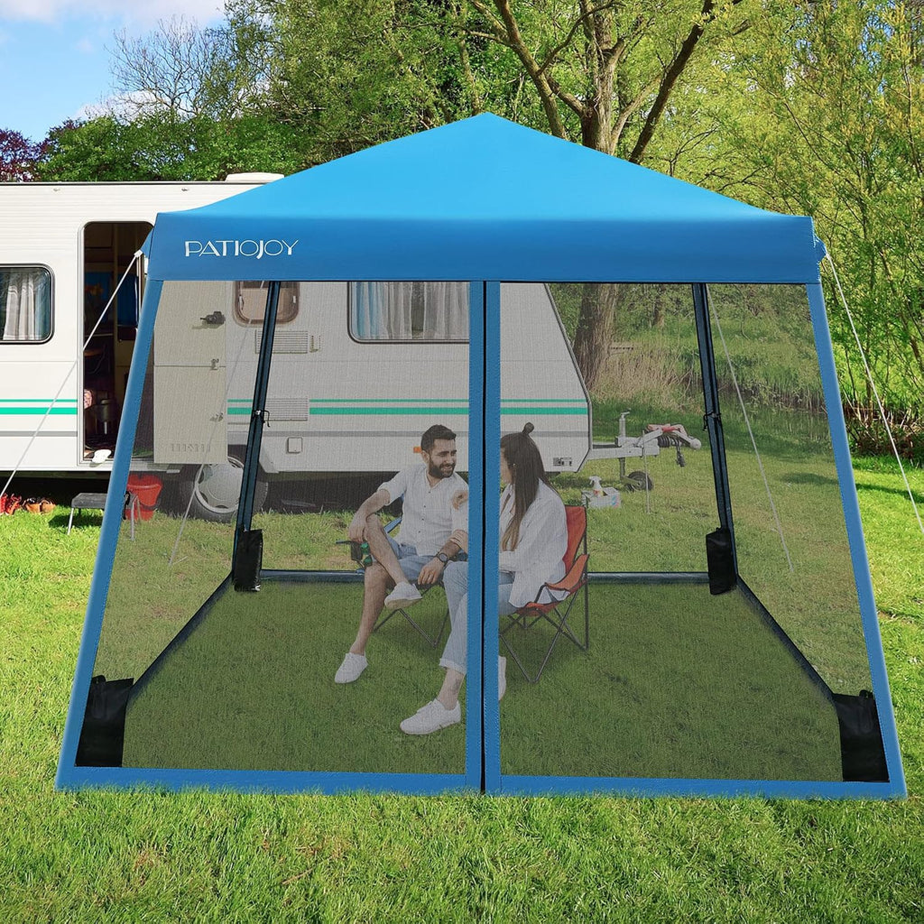 Tangkula 10x10 Ft Pop Up Canopy with Netting, Slanted Leg Outdoor Tent with Roller Bag, 4 Sand Bags, 8 Stakes, 4 Ropes, Instant Canopy Tent with Easy Set-up Center Lock for Patio (Blue)
