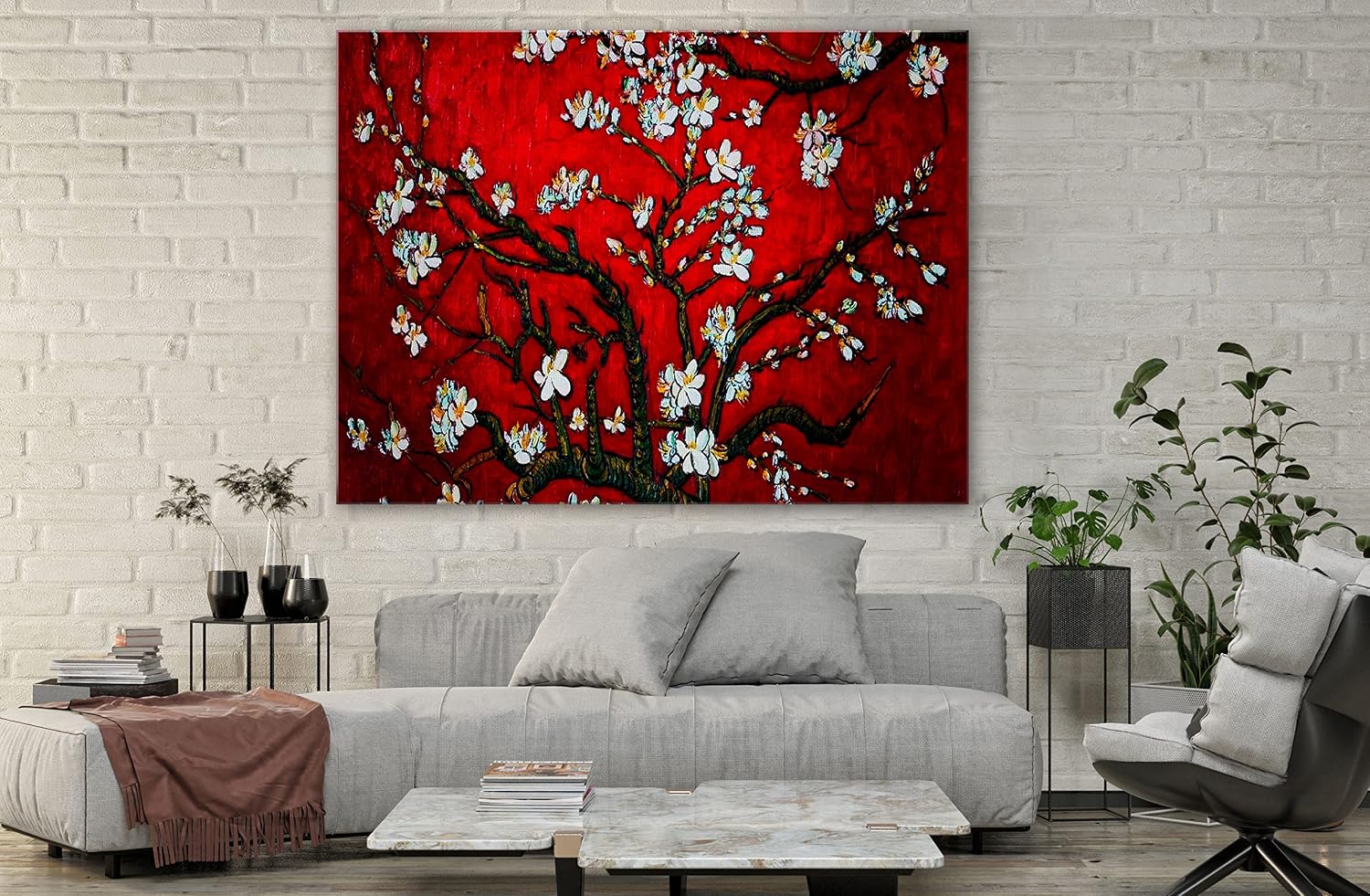 SpiritualHands Wheat Field with Cypresses Vincent Van Gogh Canvas Wall Art, The Starry Night Van Gogh Posters Self Portrait, Large Framed Wall Art Paintings for Wall Decorations for Bedroom (Vincent van Gogh Almond Blossom Red, 24' x 36' - Ready to Hang)