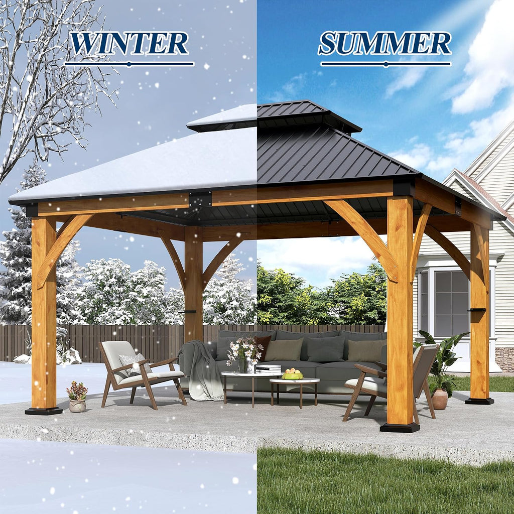 COVERONICS 11FT x 13FT Outdoor Spruce Wood Gazebo - Patio Wooden Frame Gazebo with Galvanized Steel Double Roof, Heavy-Duty Hardtop Gazebos for Garden, Poolside, Deck, Backyard