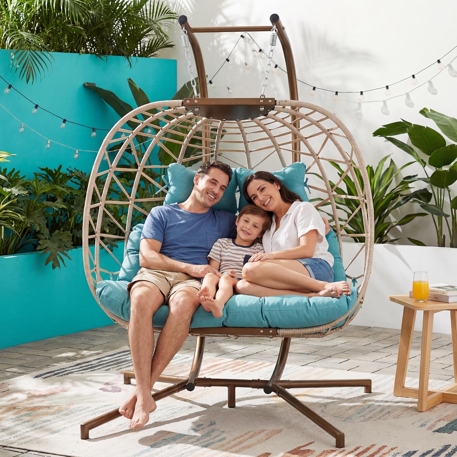 NICESOUL Outdoor Double Egg Chair with Stand, XL Large & Wide All-Weather Cushioned Swing Chair, Heavy Duty Rattan Egg Hammock Loveseat with Stand for Patio Porch Balcony Backyard or Indoor, Turquoise