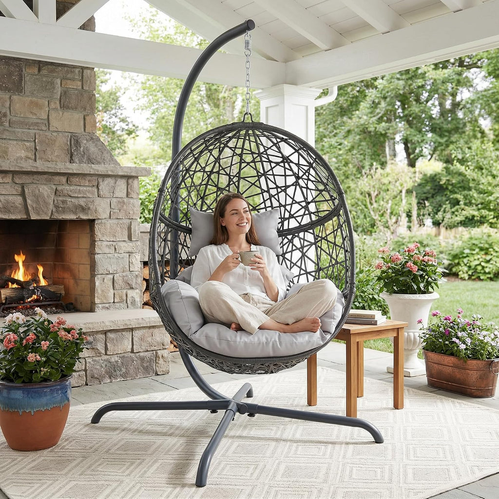 NICESOUL Egg Swing Chair Outdoor Indoor, Boho Style Bird Nest Wicker Swinging Chair with Stand, 350Lbs Comfy Hanging Hammock Chairs with Cushions, All-Weather Egg-Shape Seat for Deck, Garden, Gray