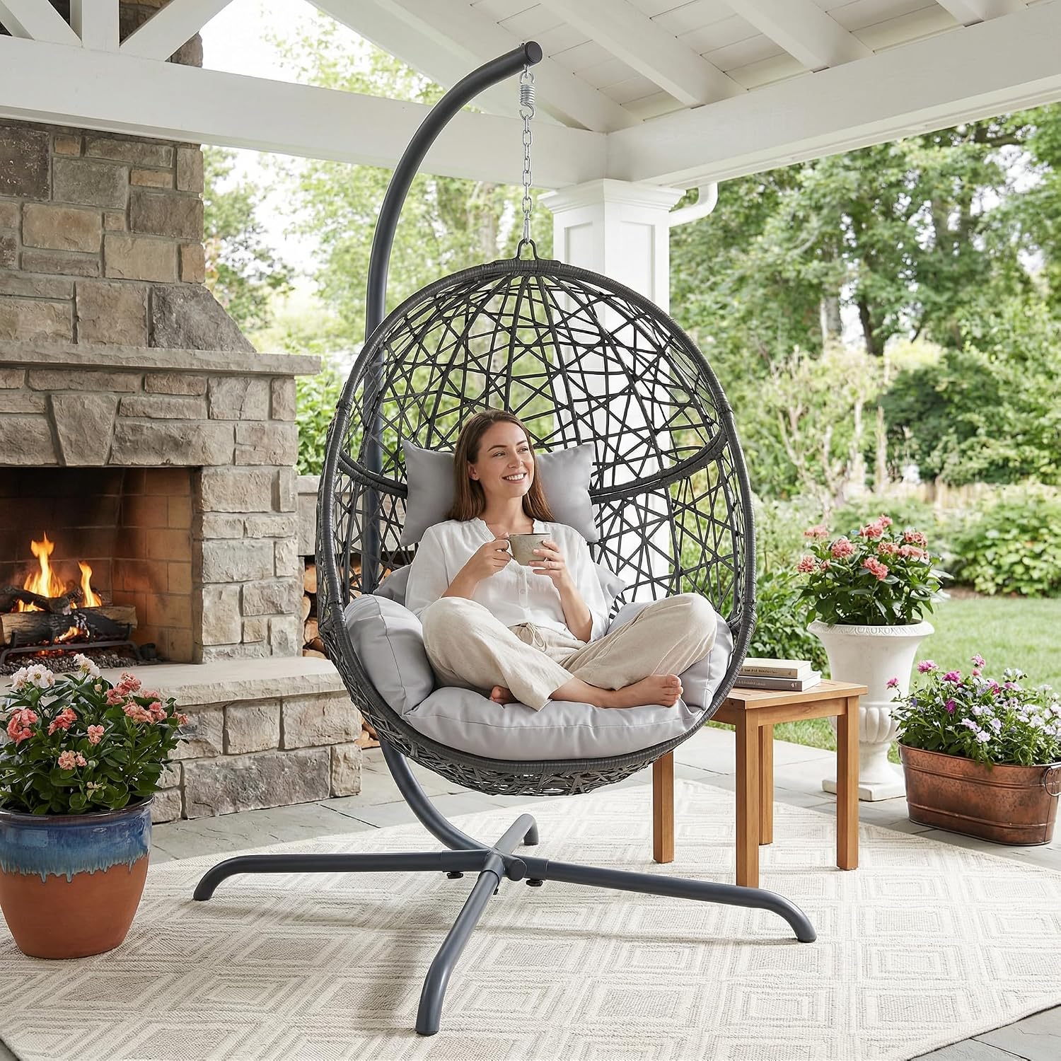NICESOUL Egg Swing Chair Outdoor Indoor, Boho Style Bird Nest Wicker Swinging Chair with Stand, 350Lbs Comfy Hanging Hammock Chairs with Cushions, All-Weather Egg-Shape Seat for Deck, Garden, Gray