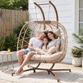 NICESOUL Double Swing Egg Chair with Stand, Extra Large 2 Person Indoor Outdoor Wicker Loveseat, Oversized Patio Hanging Basket Chair with Cushions, Cozy Sturdy Porch Swing for Backyard Balcony, Beige
