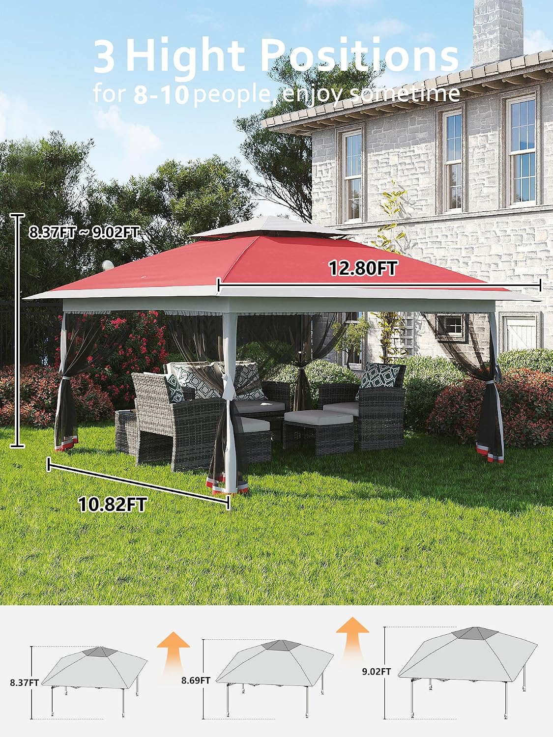 13 X 13 Pop Up Gazebo with Mosquito Netting,Outdoor Patio Gazebo,Outdoor Canopy Tent with Mosquito Netting,Backyard Tent,Red + Light Grey
