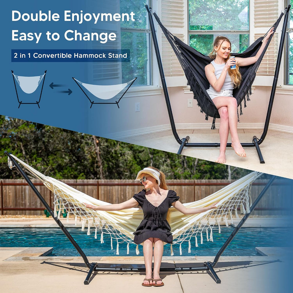 SUNCREAT 2-in-1 Convertible Portable Double Hammock with Stand Included, Outdoor Hammock and Stand, Patented, Natural Tassel