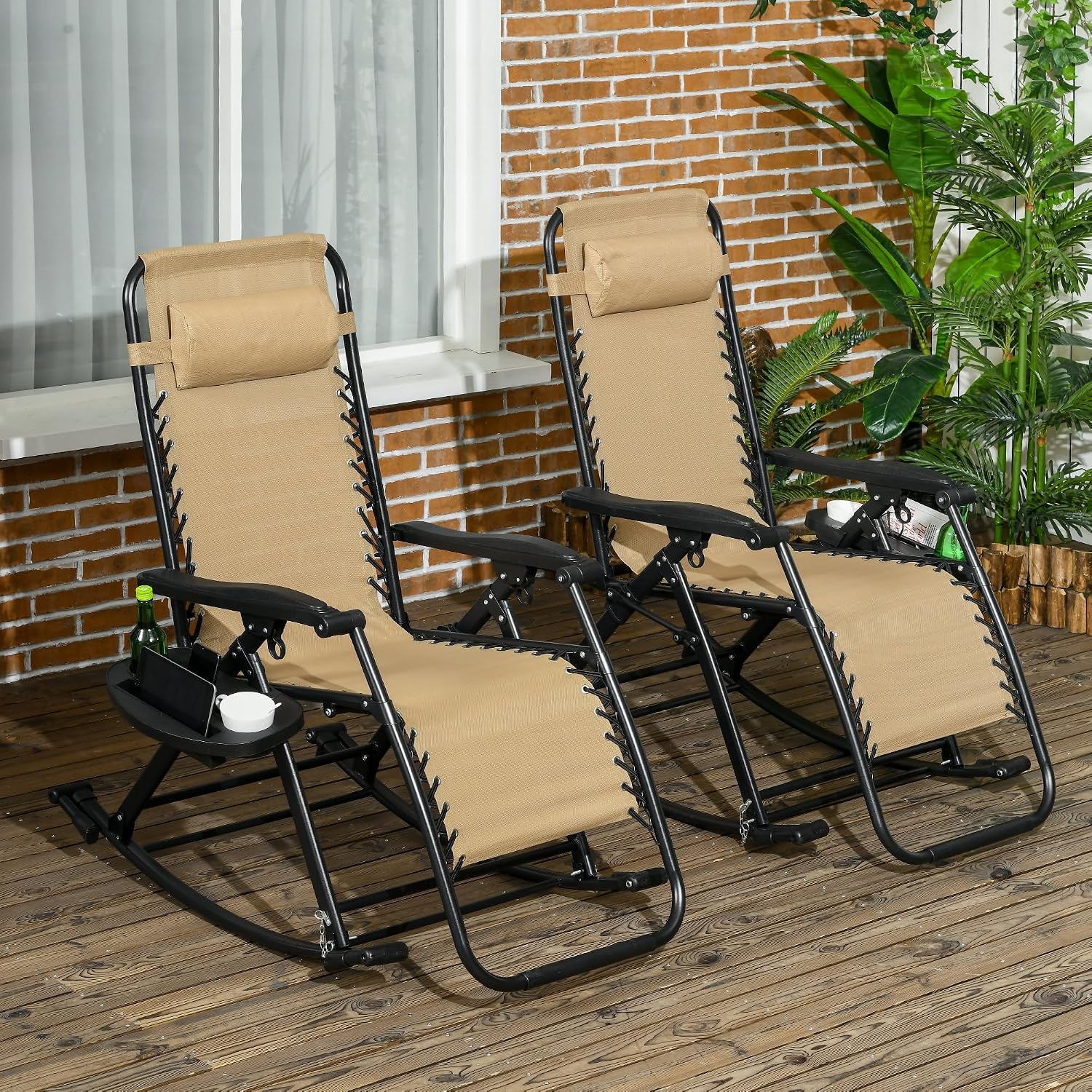 Outsunny Set of 2 Outdoor Rocking Chairs, Foldable Reclining Zero Gravity Lounge Rocker with Pillow, Cup & Phone Holder, Combo Design with Folding Legs, Beige