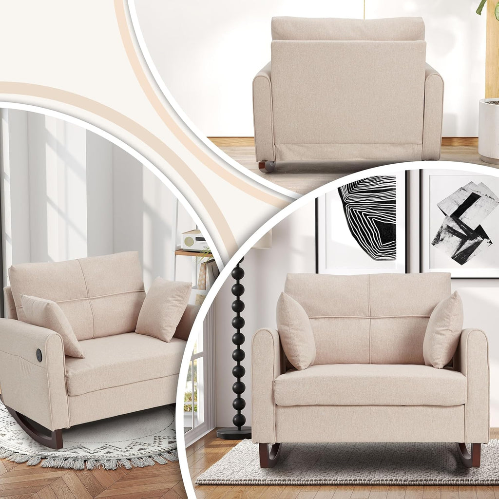 HOMREST Rocking Chair, Upholstered Nursery Rocking Chair with High Back and Side Pocket USB Port, Double Wide Rocker Glider Chairs with Wood Legs for Living Room, Bedroom, Nursery, Beige
