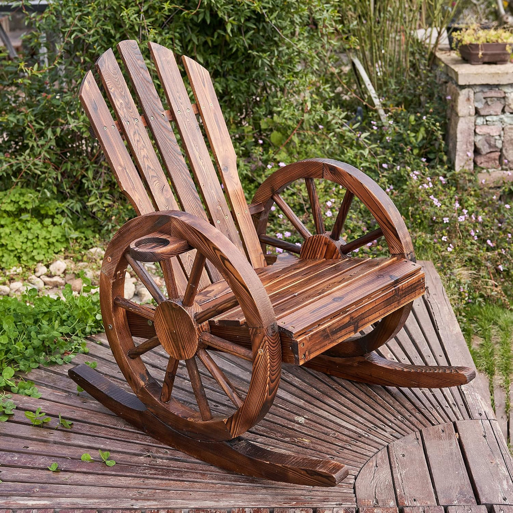 Spurgehom Outdoor Wood Rocking Chair, Patio Decor Yard Glider Rocking Chairs with Slatted Design, Adirondack Rocking Chair for Porch Lawn Garden Balcony Poolside, Brown