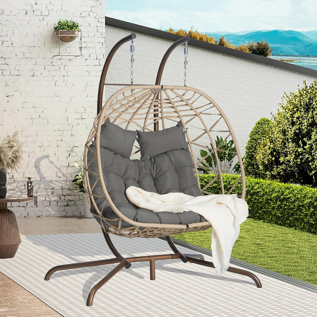JOYBASE Double Swing Egg Chair with Stand, 2-Person Hanging Egg Chair Wicker Rattan Oversized Swinging Chair for Outdoor Indoor Garden Patio (Dark Grey Cushion and Beige Rattan)