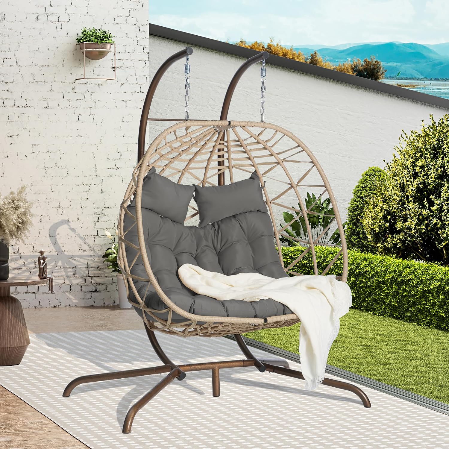 JOYBASE Double Swing Egg Chair with Stand, 2-Person Hanging Egg Chair Wicker Rattan Oversized Swinging Chair for Outdoor Indoor Garden Patio (Dark Grey Cushion and Beige Rattan)
