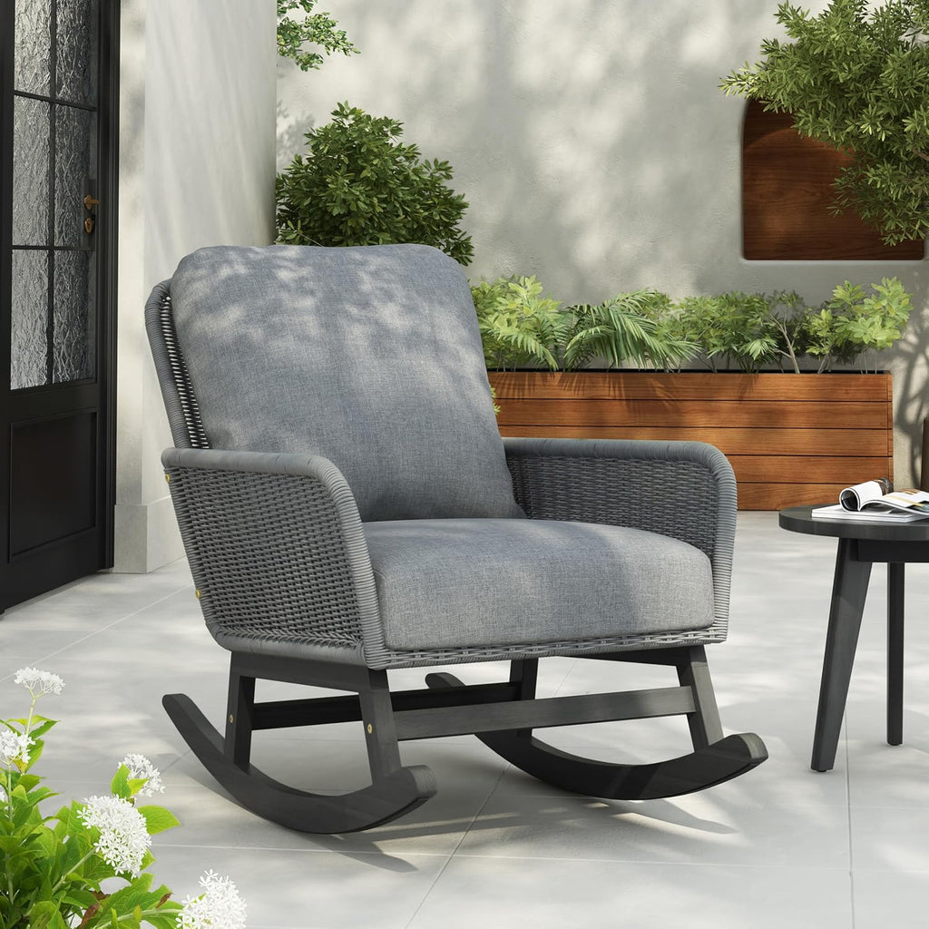 Christopher Knight Home Nadine Patio Rocking Chair, Wicker Rocker, Wood Leg Rocking Chair, PE Rattan Wicker Chair, Rocking Chair with Cushions, Comfort Wicker Rocker for Backyard Balcony Porch, Gray