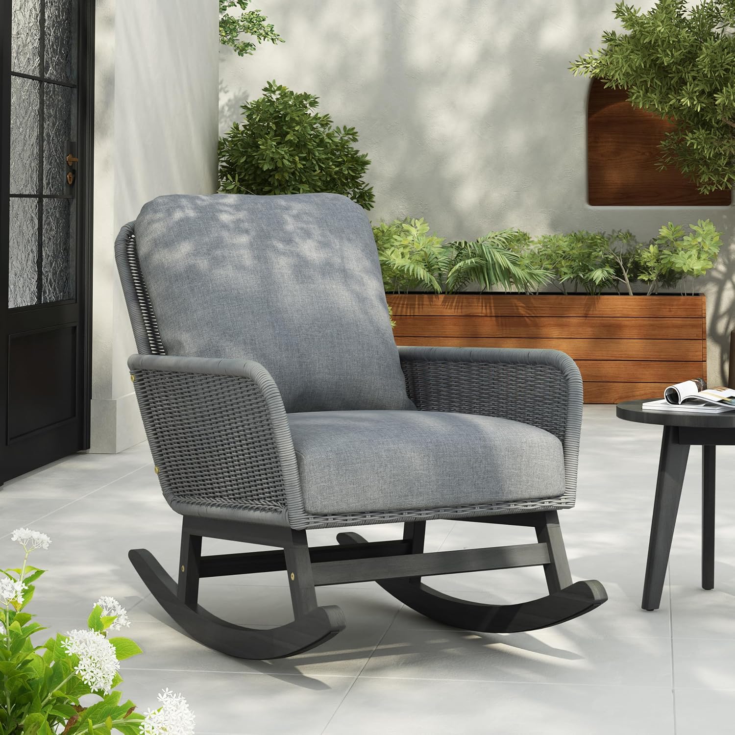 Christopher Knight Home Nadine Patio Rocking Chair, Wicker Rocker, Wood Leg Rocking Chair, PE Rattan Wicker Chair, Rocking Chair with Cushions, Comfort Wicker Rocker for Backyard Balcony Porch, Gray