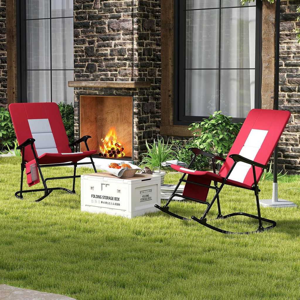 Goplus Oversized Folding Rocking Chair, Padded Patio Lounge Rocker w/Metal Frame, Armrests, Side Pocket, Lightweight Portable Rocking Chair for Backyard Camping Travel, Supports up to 500 lbs(2,Red)