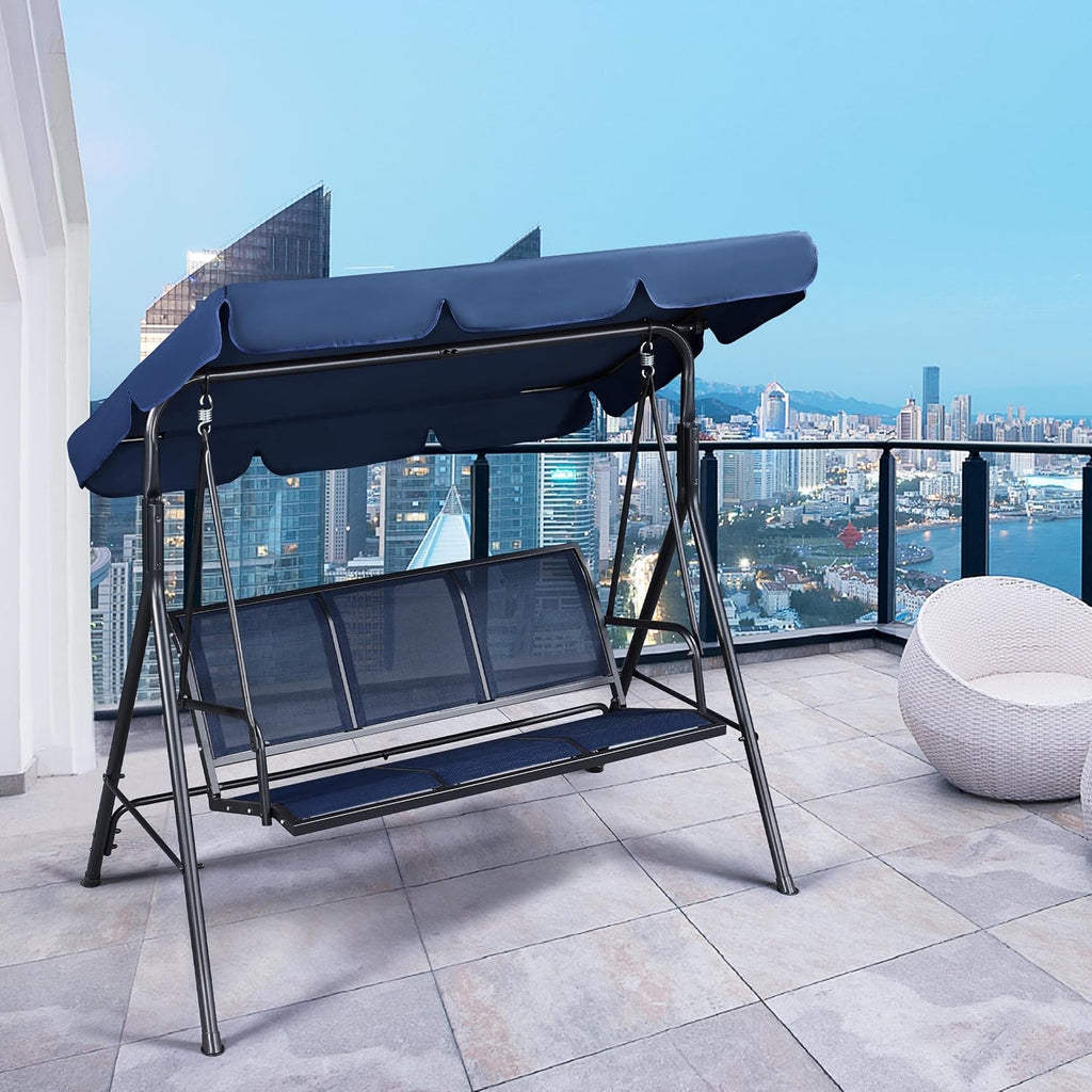 Yaheetech Outdoor Porch Swing Chair for Adults, 3-Seat Patio Sunset Hanging Swing w/Texteline Fabric & Adjustable Canopy & Armrests, Canopy Lounge Chair for Backyard/Garden/Balcony, Blue
