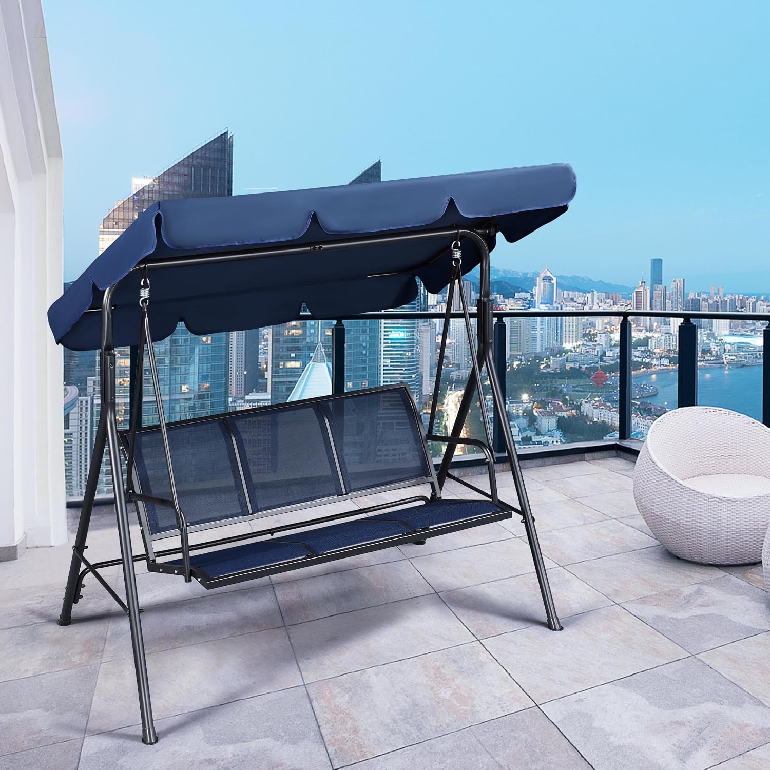 Yaheetech Outdoor Porch Swing Chair for Adults, 3-Seat Patio Sunset Hanging Swing w/Texteline Fabric & Adjustable Canopy & Armrests, Canopy Lounge Chair for Backyard/Garden/Balcony, Blue