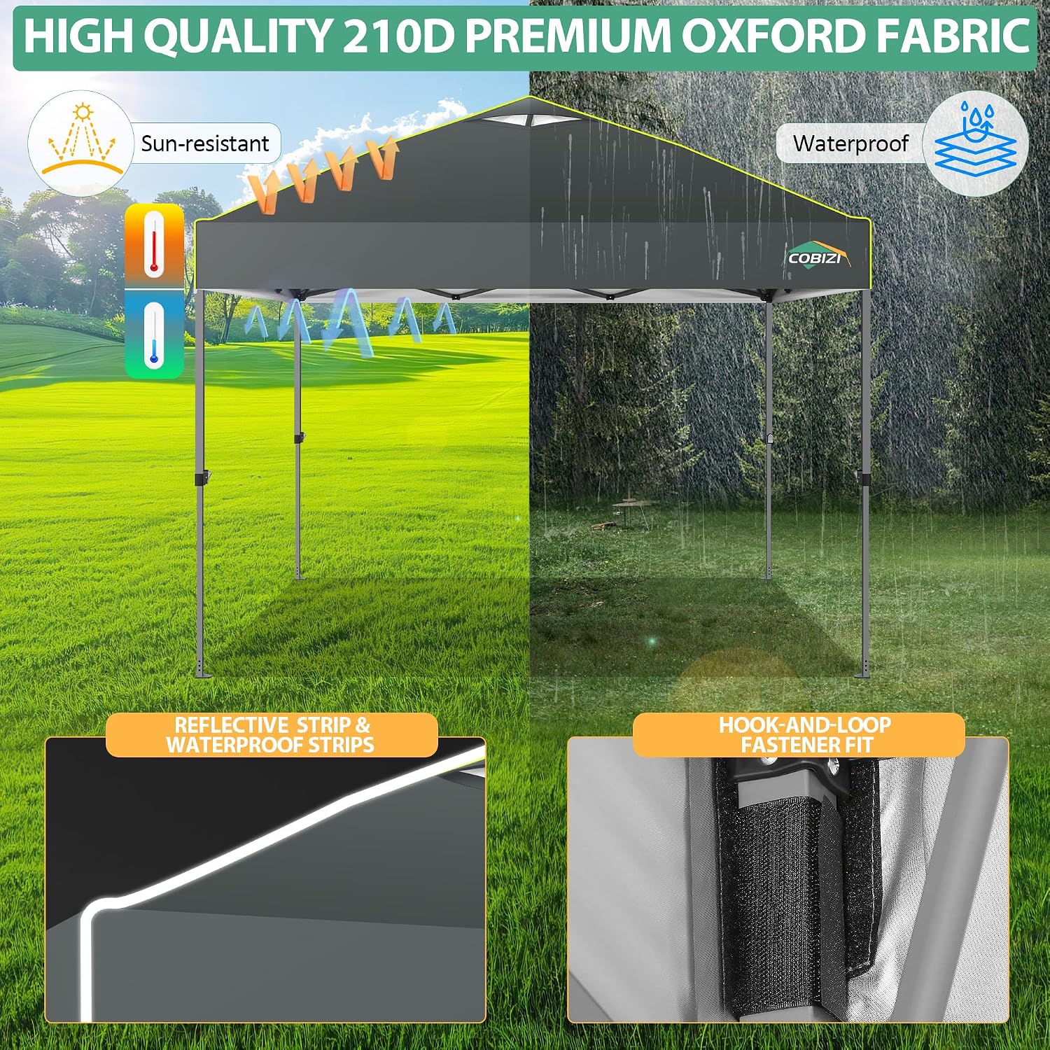 COBIZI Canopy 10x10 Pop Up Canopy Tent 1-Button Push Easy up Outdoor Canopy Instant Portable Commercial Shelter Waterproof UPF50+ Gazebo with Reflective Strip, Air Vent & 4 Sandbags,Grey