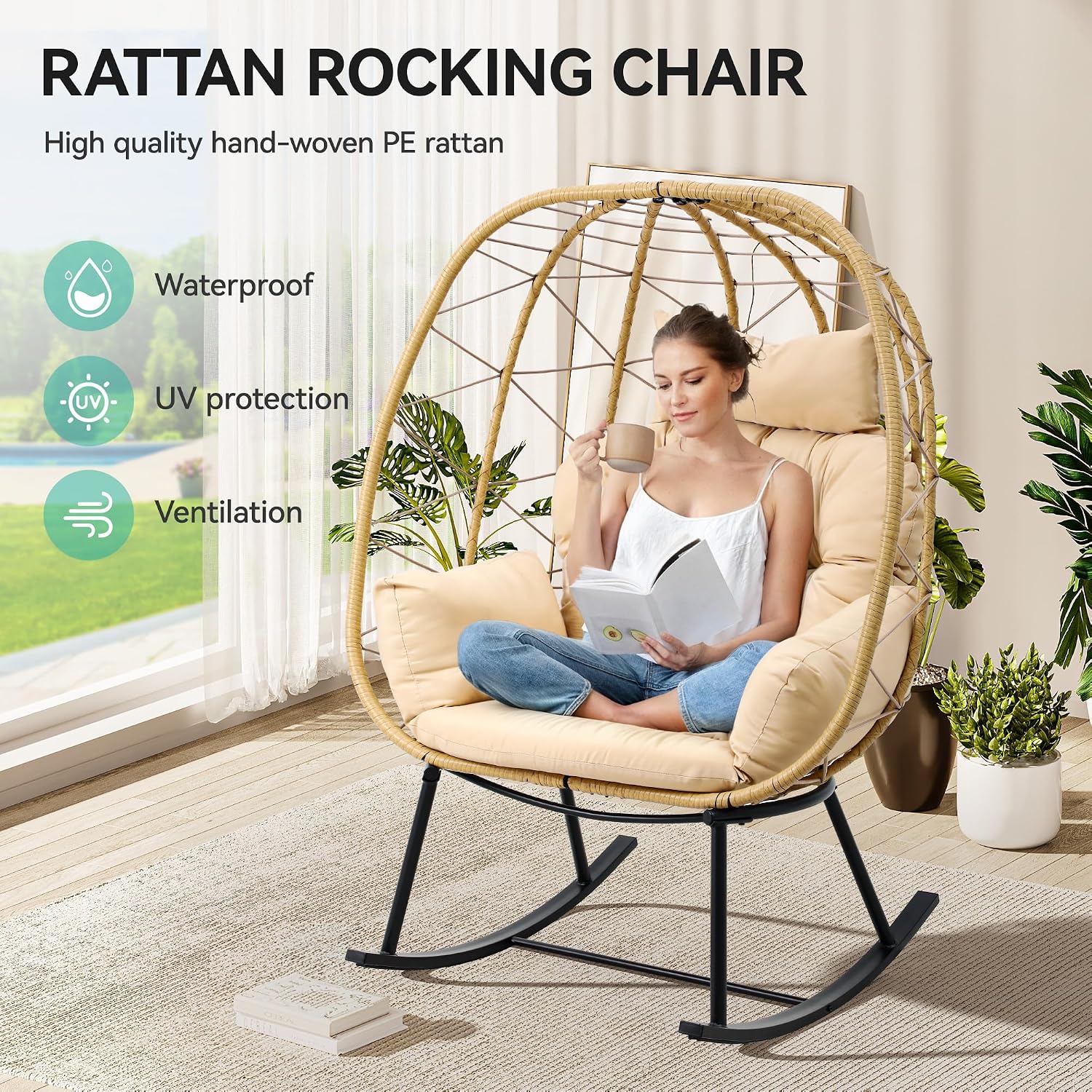 YITAHOME Wicker Rocking Egg Chair, Outdoor Patio Rocking Chair with Cushioned Comfort, 330lb Capacity, Anti-Slip, All-Weather Resilient Egg Lounger Chair for Indoor & Outdoor Relaxation Spaces, Beige