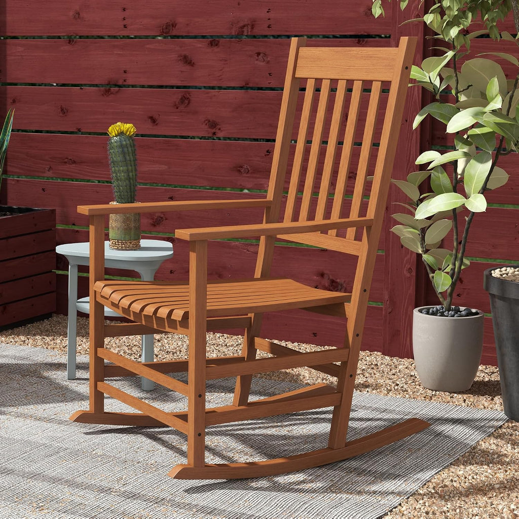Outsunny Outdoor Rocking Chair Set of 2, Patio Rocking Chair with Smooth Curves, High Density Wooden Rockers for Lawn Garden Porch, Supports Up to 350lbs, Teak