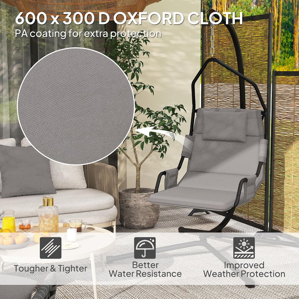 Outsunny Hammock Chair with Stand, Hammock Swing with PA Coating Oxford Fabric Cushion, Indoor Outdoor Hanging Chair with Chain, Steel Frame for Bedroom, Patio, Balcony, Gray