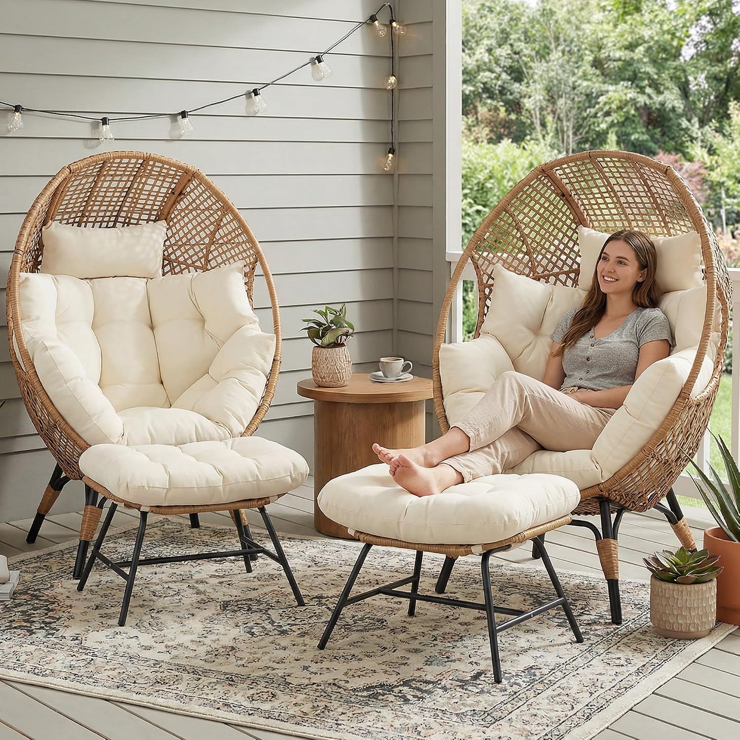 NICESOUL 2 Person Oversized Indoor Outdoor Egg Chair with Ottoman, Wicker Patio Deep Egg Seat with Beige Thick Cushion & Foot Rest, Large Stationary Lounge Chair for Balcony Bedroom, 2 Sets w/Cover