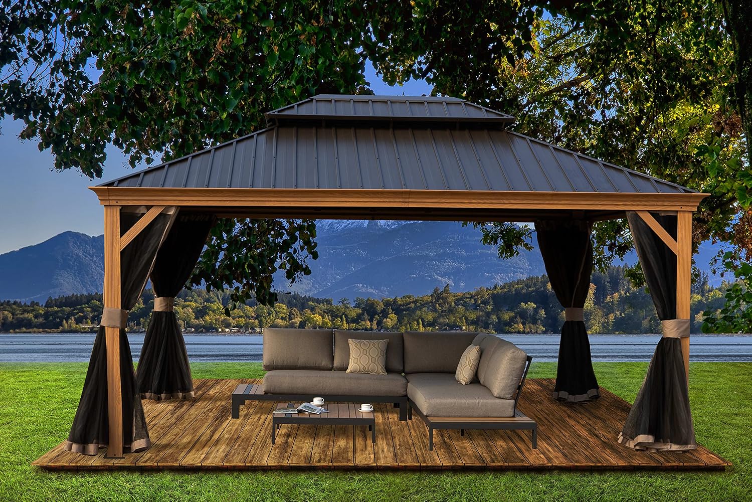 Kozyard Apollo 12'x16' Hardtop Gazebo, Wooden Coated Aluminum Frame Canopy with Galvanized Steel Double Roof, Outdoor Permanent Metal Pavilion with Netting for Patio, Deck and Lawn (12ft x 16ft)
