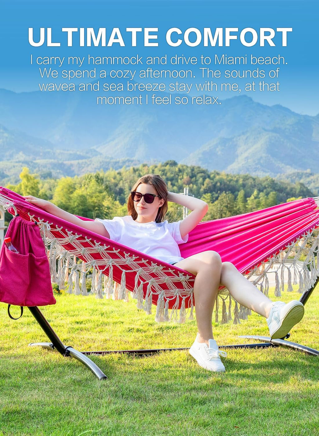 PNAEUT Handmade Tassel Hammocks, Double Hammock with Stand for Outside, Max 450 lbs Capacity, Pillow & Storage Bag Included (Pink)