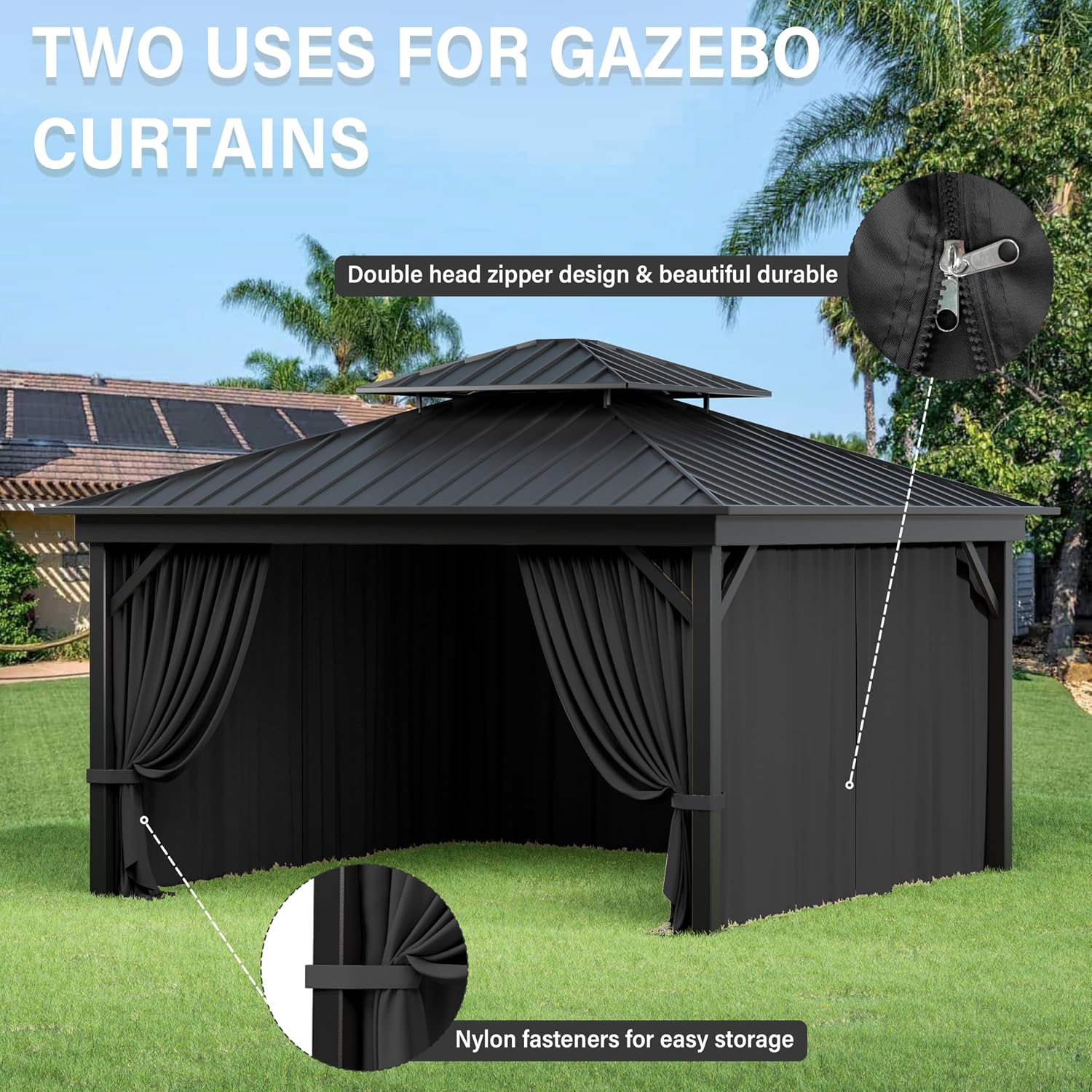 Outdoor Gazebo Curtain Replacement Universal 4-Panel Sidewalls 12' X 12',Outdoor Patio Waterproof Privacy Curtain with Double Zipper for Patio,Garden, and Backyard (Curtain Only)