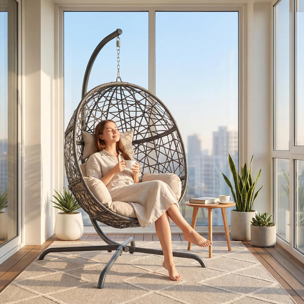 BULEXYARD Oversized Hanging Egg Chair with Stand, Indoor Outdoor Grey Wicker Bird Cage Swing Chair, Patio Hammock Swinging Chair with Beige Cushion for Balcony, Porch, 350lbs Capacity